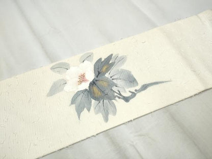 平和屋着物●九寸名古屋帯 作家物 手描き 髭紬 枝牡丹 金彩 正絹 逸品 CABD0702hy