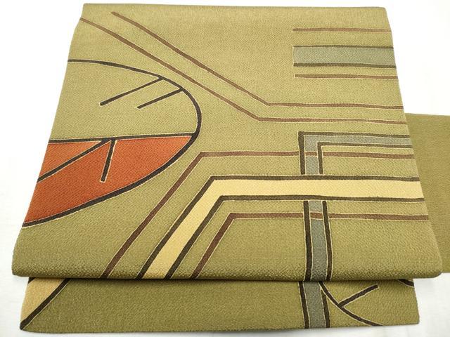 平和屋着物●九寸名古屋帯　幾何学文様　金彩　鬼しぼ縮緬　正絹　逸品　CABD0703hy