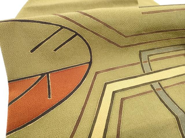 平和屋着物●九寸名古屋帯　幾何学文様　金彩　鬼しぼ縮緬　正絹　逸品　CABD0703hy