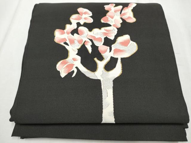 平和屋着物●爪掻き本綴れ　八寸名古屋帯　枝葉文　黒地　金銀糸　正絹　逸品　CABD0710hy