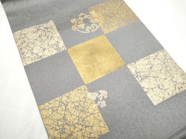 平和屋着物●九寸開き名古屋帯　竹屋町刺繍　市松枝葉文　金通し地　正絹　逸品　CABD0712hy