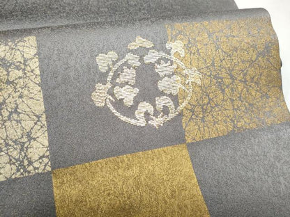 平和屋着物●九寸開き名古屋帯　竹屋町刺繍　市松枝葉文　金通し地　正絹　逸品　CABD0712hy