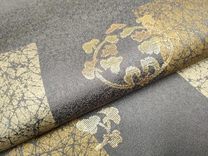 平和屋着物●九寸開き名古屋帯　竹屋町刺繍　市松枝葉文　金通し地　正絹　逸品　CABD0712hy
