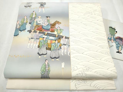 平和屋着物●染色作家　青木龍雲　塩瀬　九寸名古屋帯　人物流水文　金彩　正絹　逸品　CABD0716hy