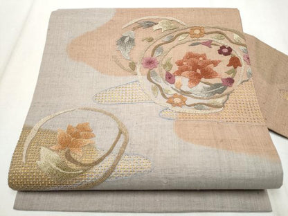 平和屋着物●中国三大刺繍　スワトウ相良刺繍　総刺繍　九寸名古屋帯　紬地　花唐草文　正絹　逸品　CABD0719hy
