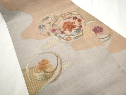 平和屋着物●中国三大刺繍　スワトウ相良刺繍　総刺繍　九寸名古屋帯　紬地　花唐草文　正絹　逸品　CABD0719hy