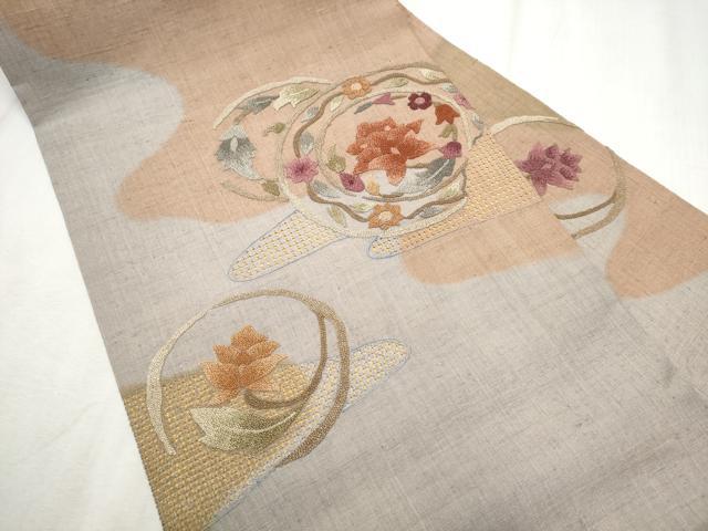 平和屋着物●中国三大刺繍　スワトウ相良刺繍　総刺繍　九寸名古屋帯　紬地　花唐草文　正絹　逸品　CABD0719hy