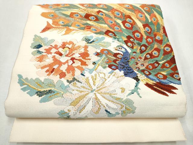 平和屋着物●爪掻き本綴れ　八寸名古屋帯　孔雀花文　金糸　正絹　逸品　CABD0721hy