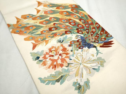 平和屋着物●爪掻き本綴れ　八寸名古屋帯　孔雀花文　金糸　正絹　逸品　CABD0721hy