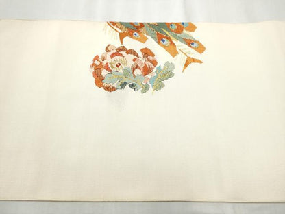 平和屋着物●爪掻き本綴れ　八寸名古屋帯　孔雀花文　金糸　正絹　逸品　CABD0721hy