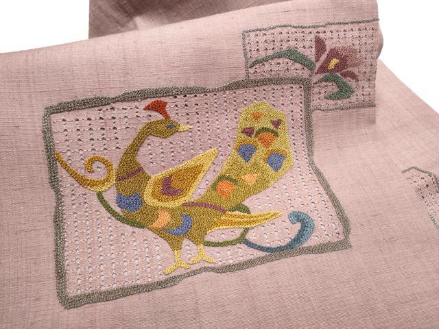 平和屋着物●中国三大刺繍　スワトウ相良刺繍　九寸名古屋帯　紬地　色紙孔雀花文　正絹　逸品　CABD0723hy