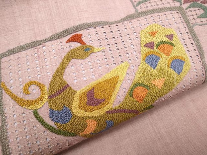 平和屋着物●中国三大刺繍　スワトウ相良刺繍　九寸名古屋帯　紬地　色紙孔雀花文　正絹　逸品　CABD0723hy