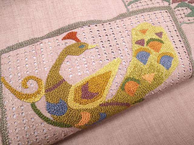 平和屋着物●中国三大刺繍　スワトウ相良刺繍　九寸名古屋帯　紬地　色紙孔雀花文　正絹　逸品　CABD0723hy