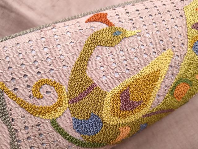 平和屋着物●中国三大刺繍　スワトウ相良刺繍　九寸名古屋帯　紬地　色紙孔雀花文　正絹　逸品　CABD0723hy