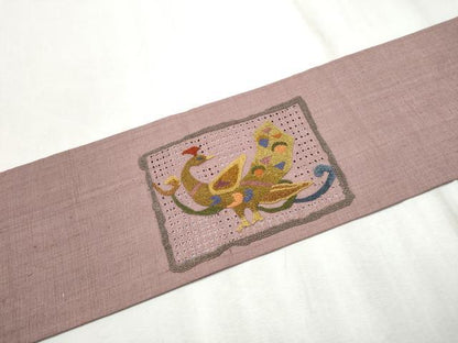 平和屋着物●中国三大刺繍　スワトウ相良刺繍　九寸名古屋帯　紬地　色紙孔雀花文　正絹　逸品　CABD0723hy
