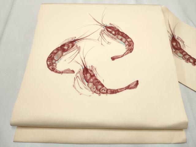 平和屋着物●塩瀬　九寸名古屋帯　作家物　手描き　ろうけつ染　海老　正絹　逸品　CABD0726hy