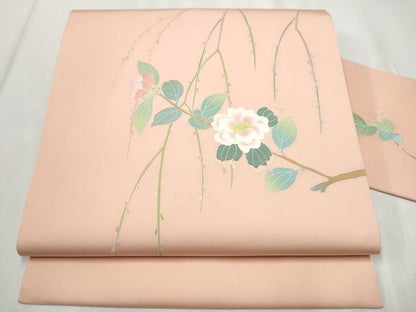 平和屋着物●塩瀬　九寸名古屋帯　友禅　作家物　枝花文　正絹　逸品　CABD0731hy