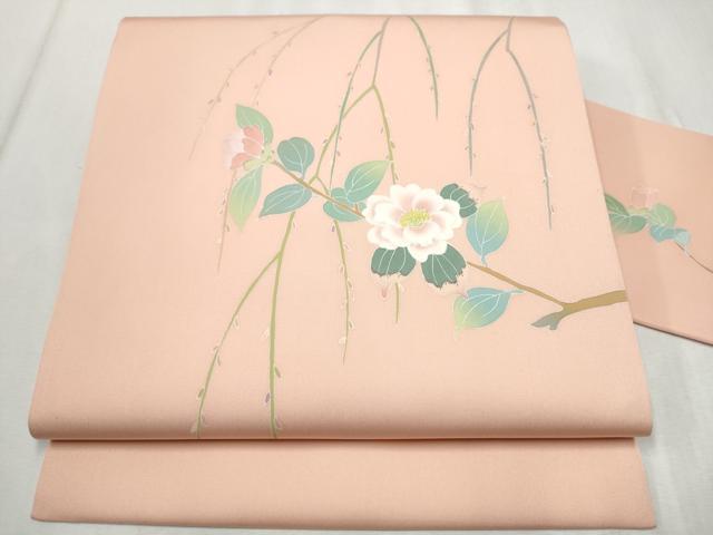 平和屋着物●塩瀬　九寸名古屋帯　友禅　作家物　枝花文　正絹　逸品　CABD0731hy
