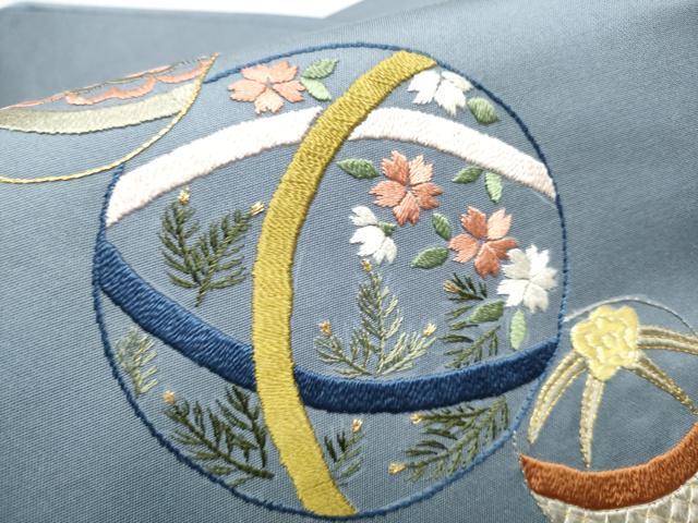 平和屋着物●九寸名古屋帯　総刺繍　花毬文　金糸　正絹　逸品　CABD0733hy