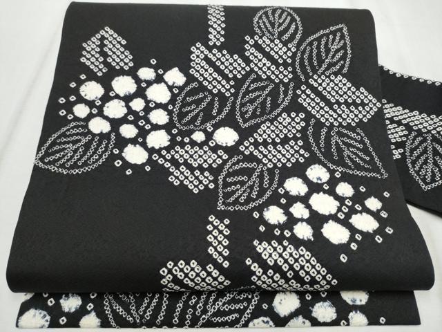 平和屋着物●全通柄　九寸名古屋帯　絞り　草花文　黒地　正絹　逸品　CABD0734hy