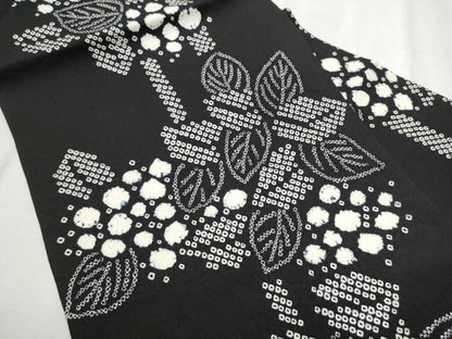 平和屋着物●全通柄　九寸名古屋帯　絞り　草花文　黒地　正絹　逸品　CABD0734hy