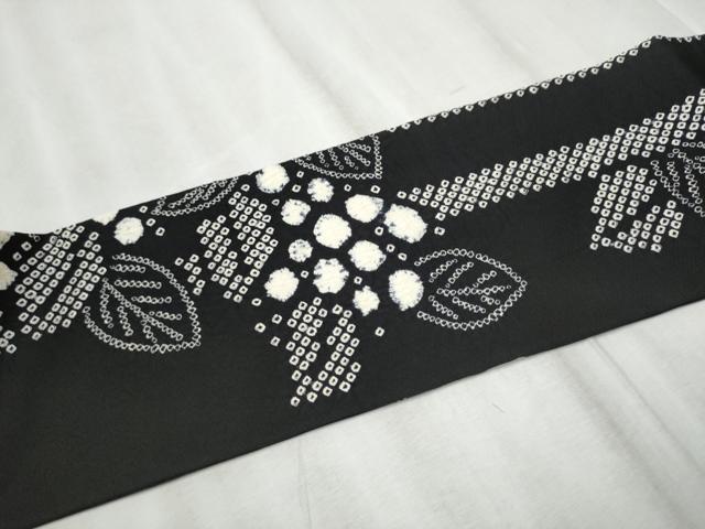 平和屋着物●全通柄　九寸名古屋帯　絞り　草花文　黒地　正絹　逸品　CABD0734hy
