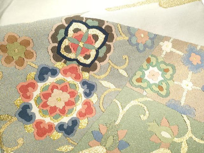 平和屋着物●爪掻き本綴れ　八寸名古屋帯　切嵌正倉院花文　金糸　正絹　逸品　CABD0735hy