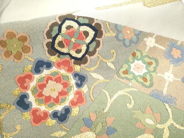 平和屋着物●爪掻き本綴れ　八寸名古屋帯　切嵌正倉院花文　金糸　正絹　逸品　CABD0735hy
