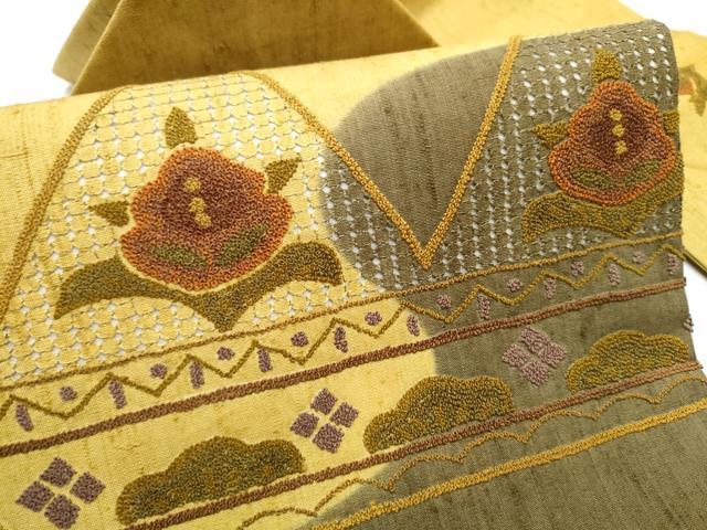 平和屋着物●中国三大刺繍　スワトウ相良刺繍　総刺繍　九寸名古屋帯　紬地　吉祥花文　正絹　逸品　CABD0738hy