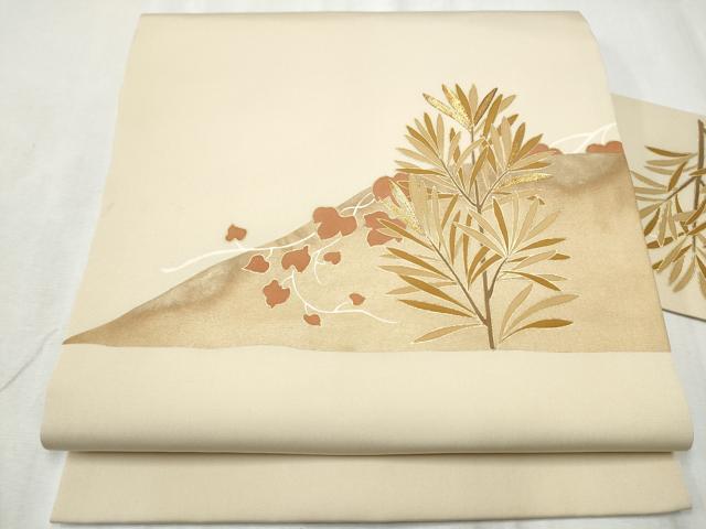平和屋着物●塩瀬　九寸名古屋帯　駒刺繍　枝葉文　金彩　正絹　逸品　CABD0742hy