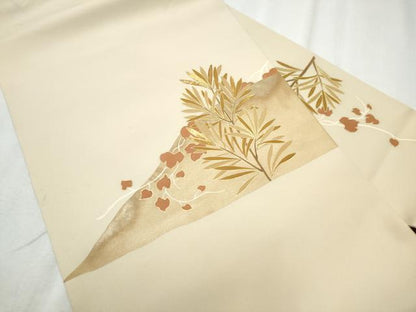 平和屋着物●塩瀬　九寸名古屋帯　駒刺繍　枝葉文　金彩　正絹　逸品　CABD0742hy