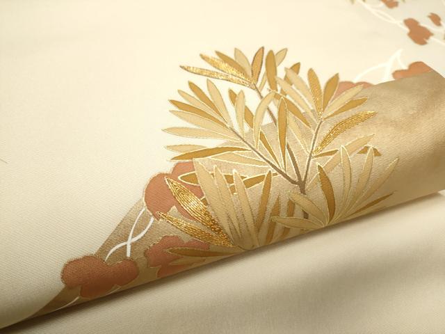 平和屋着物●塩瀬　九寸名古屋帯　駒刺繍　枝葉文　金彩　正絹　逸品　CABD0742hy