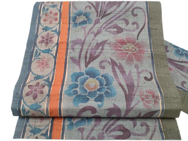 平和屋着物●九寸名古屋帯　紬地　花唐草文　正絹　逸品　CABD0743hy