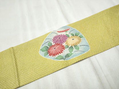 平和屋着物●名門　藤娘きぬたや・総絞り　九寸名古屋帯　菊　正絹　逸品　CABD0755hy