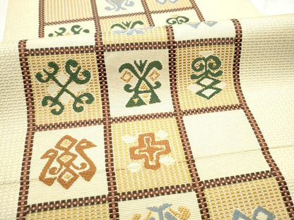 平和屋着物●本場筑前博多織 八寸名古屋帯 市松幾何学文様 正絹 逸品 CABD0760hy