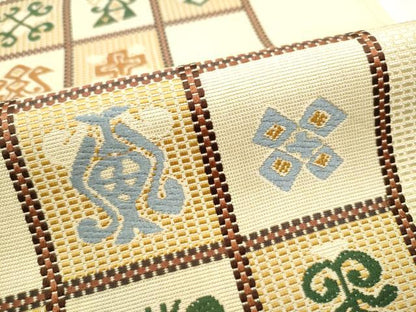 平和屋着物●本場筑前博多織 八寸名古屋帯 市松幾何学文様 正絹 逸品 CABD0760hy