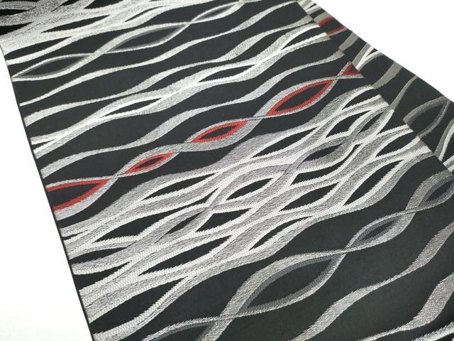 平和屋着物●九寸名古屋帯　よろけ縞　黒地　銀通し地　正絹　逸品　CABD0761hy