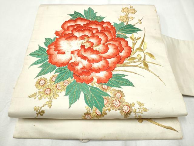 平和屋着物●アンティーク　大正ロマン　九寸名古屋帯　総手刺繍　舞花文　金糸　正絹　逸品　CABD0764hy