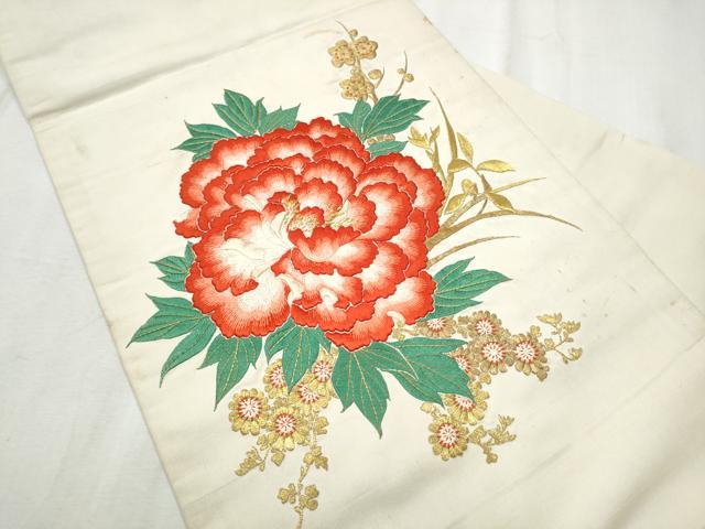 平和屋着物●アンティーク　大正ロマン　九寸名古屋帯　総手刺繍　舞花文　金糸　正絹　逸品　CABD0764hy