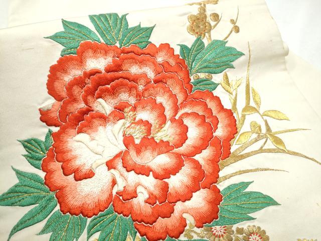 平和屋着物●アンティーク　大正ロマン　九寸名古屋帯　総手刺繍　舞花文　金糸　正絹　逸品　CABD0764hy