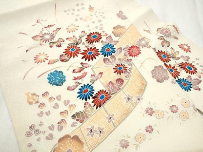 平和屋着物●九寸名古屋帯　型染め　舞花文　鬼しぼ縮緬　正絹　逸品　CABD0767hy