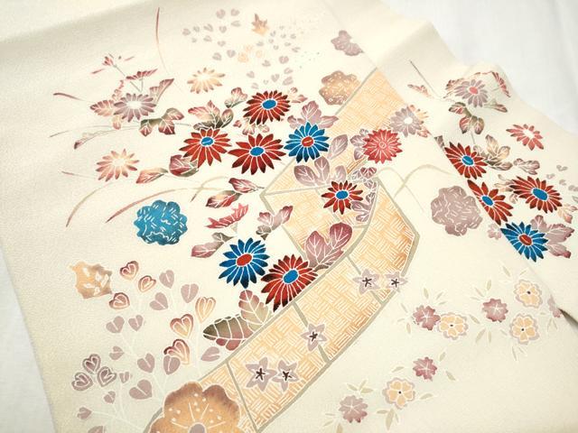 平和屋着物●九寸名古屋帯　型染め　舞花文　鬼しぼ縮緬　正絹　逸品　CABD0767hy