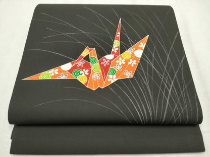 平和屋着物●塩瀬　九寸開き名古屋帯　折り鶴花文　黒地　正絹　逸品　CABD0775hy