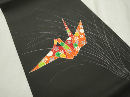 平和屋着物●塩瀬　九寸開き名古屋帯　折り鶴花文　黒地　正絹　逸品　CABD0775hy