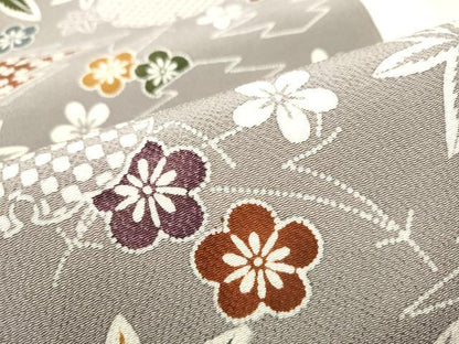 平和屋着物●九寸開き名古屋帯　型染め　雪輪舞花文　鬼しぼ縮緬　正絹　逸品　CABD0776hy