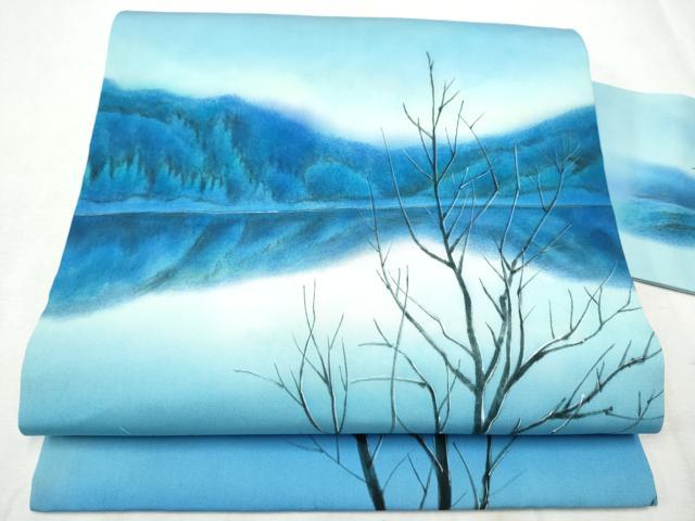 平和屋着物●塩瀬　九寸名古屋帯　手描き　樹林風景文　正絹　逸品　CABD0778hy