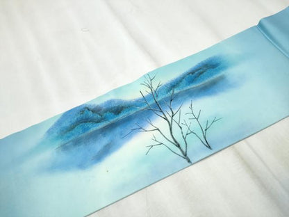 平和屋着物●塩瀬　九寸名古屋帯　手描き　樹林風景文　正絹　逸品　CABD0778hy