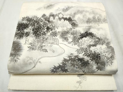 平和屋着物●九寸開き名古屋帯　作家物　手描き　紬地　風景文　正絹　逸品　CABD0779hy