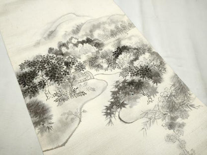 平和屋着物●九寸開き名古屋帯　作家物　手描き　紬地　風景文　正絹　逸品　CABD0779hy