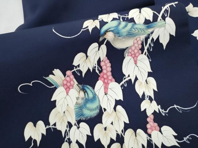 平和屋着物●塩瀬　九寸名古屋帯　手描き　休み鳥葡萄蔦の葉文　正絹　逸品　CABD0782hy